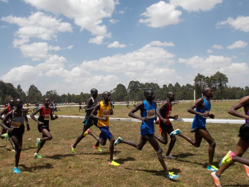 Kenyan runners competing at a cross-country event in Eldoret, Kenya